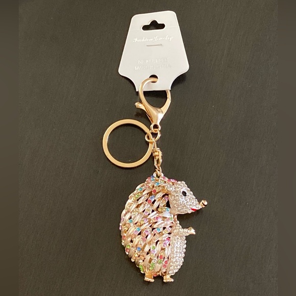 Hedgehog Keychain Sparkling Multicolor Rhinestone Clear Crystal | Gold Tone - Picture 1 of 8